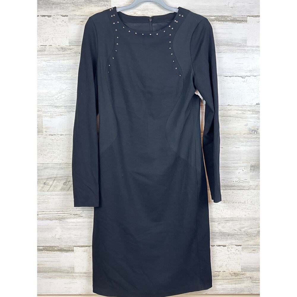 NYDJ womens 8 Black Biker Silver Studded Fitted Long Sleeve Midi Dress